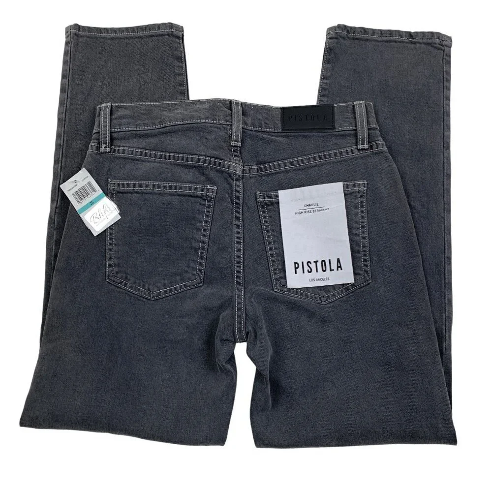 Pistola Charlie High Rise Straight Distressed Gray Wash Button Fly Women's SZ 25